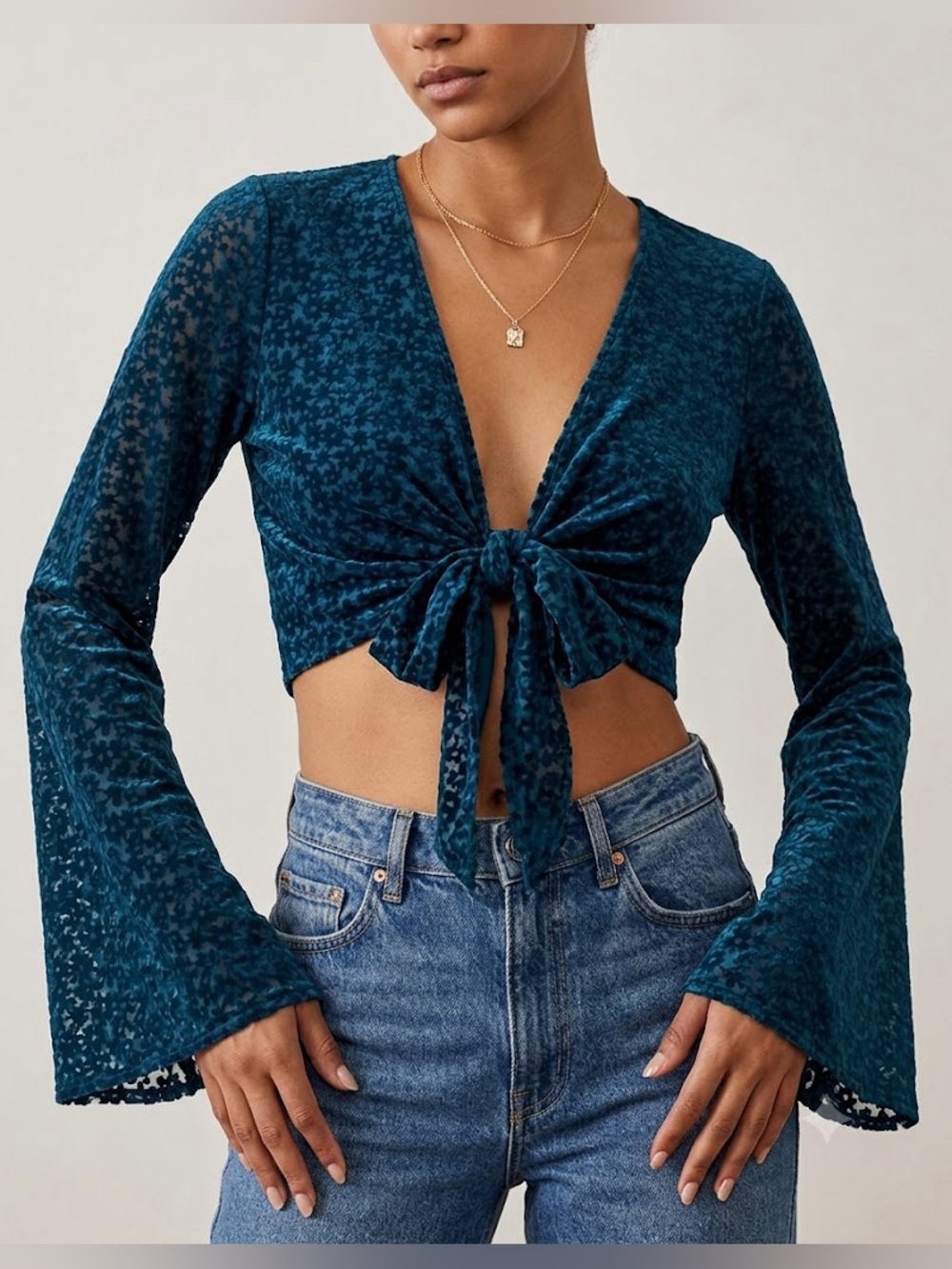 Teal Blue Velvet and Sheer Tie-Front Crop Top